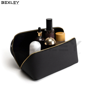 Estuche de Maquillaje de Cuero Texturizado Negro con Cierre Dorado, Asa Superior, Organizador de Cosméticos, Logotipo Personalizado, Bolsas de Cuero de Marca Privada - Product Image 2