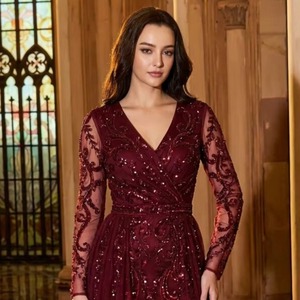 Robe de soirée élégante bordeaux à col en V, manches longues, broderie de sequins, robe de bal de luxe, vente en gros, tenue de soirée formelle arabe - Product Image 1