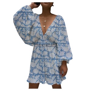 Robe de soirée sexy à col en V profond pour femme, en coton imprimé à la main, style lanterne, collection personnalisée - Product Image 3