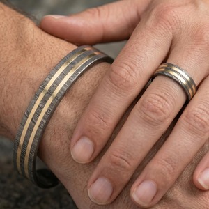 Conjunto de Anillo y Brazalete de Acero de Damasco |   Joyería para hombre con incrustaciones de latón forjado a mano, forma de luna, 9 mm de ancho, 2-3 mm, regalo de moda - Product Image 5
