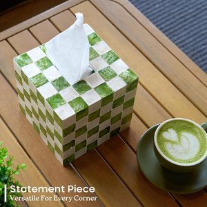Boîte à mouchoirs carrée de luxe avec incrustation de coquillages, motif damier vert, nacre, distributeur de serviettes pour la maison, l'hôtel, vente en gros - Product Image 6