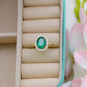 14K Solid Yellow Gold Oval <b>Green</b> Emerald Diamond Halo Engagement <b>Ring</b> Fine Jewelry Wholesale Custom Genuine Gemstone <b>Rings</b> Women - Product Image 2