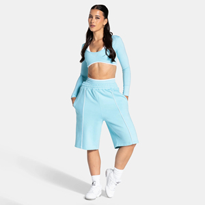 Light Blue Women's Breathable Fleece Bermuda Shorts with White Line Piping Elastic Waist Long Length Summer Casual Relax Fit - Product Image 4