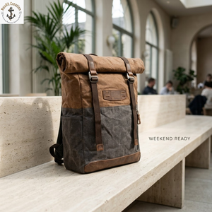 Navrit Creation NA-010 Everyday Roll Top Oil Waxed Canvas Backpack Padded Adjustable Straps | Two Tone <b>Travel</b> Rucksack <b>Big</b> - Product Image 4