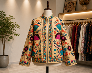 <b>Women</b> Embroidered Suzani Velvet Quilted <b>Jacket</b> Floral Button Coat Reversible <b>Spring</b> Winter Outerwear Stand 100% Cotton Quick Dry - Product Image 3