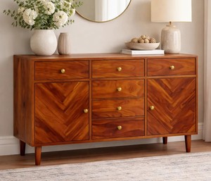 Buffet en bois massif de style mid-century moderne avec portes sculptées en 3D et 6 tiroirs – Vente en gros - Product Image 1