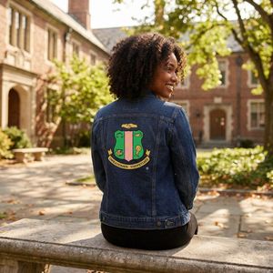 Dark Blue Women Denim Jacket with Large Green and Gold Embroidered Crest <b>Button</b> Front Casual Long Sleeve Classic Outerwear Wear - Product Image 6