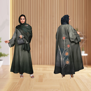 Abaya de Lino con Estampado Floral Artístico Digital, Diseño Holgado en la Espalda, Pañuelo a Juego, Elegante y Modesto, Largo hasta el Suelo, para Oración en Ramadán - Product Image 2