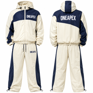 Custom <b>Navy</b> Blue Cream Color Block Hooded Tracksuit Set Windbreaker Jacket and Loose Fit <b>Jogger</b> Pants Streetwear - Product Image 2