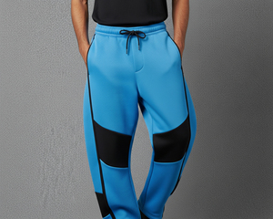 Pantalon de survêtement vintage bleu en lin/coton pour homme avec empiècements noirs, logo flamme imprimé, taille élastique et cordon de serrage, imperméable, décontracté, pour l'automne - Product Image 3