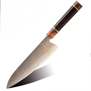 Cuchillo de chef de lujo personalizable DIY de acero de Damasco con patrón de hoja de punta caída, estilo outdoor, diseño de espiga completa, mango de madera, para viajes y cocina. - Product Image 1