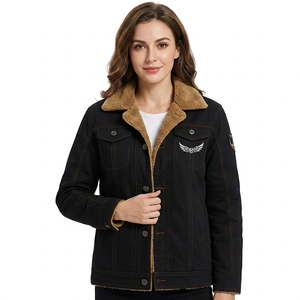 Men's Winter Denim <b>Jacket</b> <b>With</b> <b>Lining</b> Embroidered Wings Logo Turn-down Collar Casual Thick Warm Coat - Product Image 2