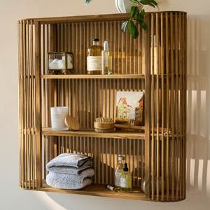 Solid Teak Wood <b>Wall</b> <b>Shelf</b> Fluted Linear Slatted <b>Floating</b> Unit 3 Tier Open Air Display Rack - Product Image 2