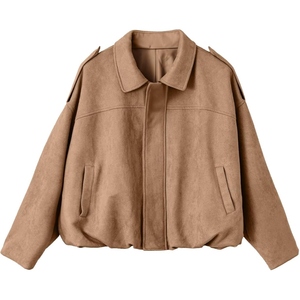 Women's Wool Polyester Blouson <b>Jacket</b> Turn-down Collar Full <b>Sleeve</b> Solid Color Autumn <b>Short</b> Length Pullover Style - Product Image 1