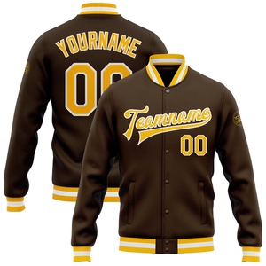 Veste bomber personnalisée en gros, marron or-blanc, entièrement boutonnée, style universitaire, avec lettres - Product Image 1