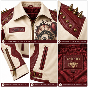 Cream Maroon Leather Jacket <b>Women</b> Spiked Studded Printed Clown Biker Outerwear Custom Made OEM ODM Offer Service Provider - Product Image 6