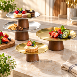 Support à gâteau rond en acier inoxydable avec base en bois pour la présentation de desserts lors de fêtes, mariages et services de boulangerie - Product Image 4