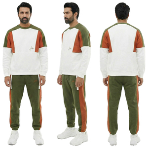 Ensemble de survêtement unisexe respirant à capuche vert olive et blanc pour sweat-shirt à col rond et pantalon de jogging deux pièces décontracté - Product Image 1