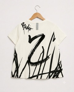 Women's Cream Cotton T-Shirt With Hand-<b>Drawn</b> Black Abstract Print Crew Neck Short Sleeve Casual Style - Product Image 2