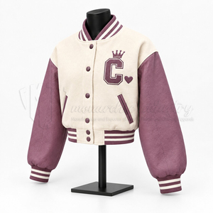 <b>Women</b>’s and Burgundy Cropped Varsity <b>Jacket</b> With Crown Letter Embroidery <b>Leather</b> Sleeves Letterman <b>Bomber</b> <b>Jacket</b> - Product Image 3