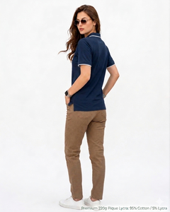 <b>Women's</b> Navy Blue Solid Knitted Short Sleeve T-<b>Shirt</b> 220 GSM Pique Premium Cotton Stretch Front Logo Primora Global Apparel Bulk - Product Image 2