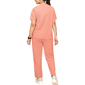 Women's Pink Tracksuit Short Sleeve Crew Neck Loose Fit Full Length <b>Pants</b> Side Pockets Elastic Waist Casual Wear - Product Image 3