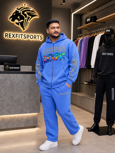REXFIT SPORTS Sweat à capuche graphique bleu pour homme, fermeture éclair intégrale, 280-300 GSM, coton, polyester, polaire, streetwear personnalisé - Product Image 4