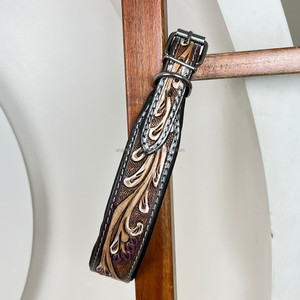 ปลอกคอสุนัขแบบมีหัวเข็มขัดหนังแบบตะวันตกลายดอกไม้สำหรับสัตว์เลี้ยงหนังแท้ทนทานโลโก้ออกแบบได้ตามต้องการ - Product Image 6