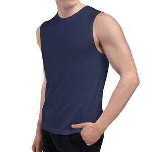 Men's Solid <b>Navy</b> Blue Sleeveless Tank <b>Top</b> Casual Style 100% Cotton Breathable Knitted Fabric - Product Image 1