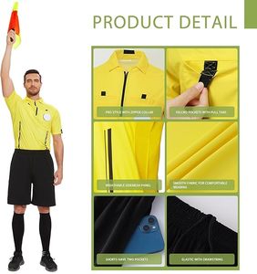Ensemble d'uniforme d'arbitre de football unisexe jaune à manches courtes pour short noir, chaussettes, sifflet, drapeaux, cartons rouges/jaunes, nom du joueur - Product Image 2