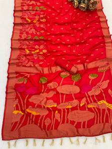 ส่าหรีผ้าไหมโดลาแท้สำหรับผู้หญิงผ้าแจ็คการ์ดสานด้วยการออกแบบจาก Zari Pallu และชายแดน Meenakari Bandhani - Product Image 3