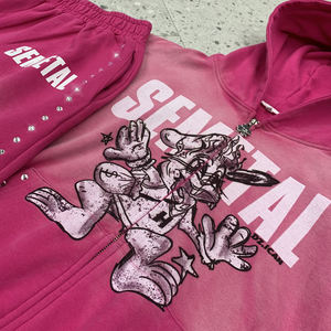 Ensemble survêtement et sweat à capuche pour femme en molleton French Terry 500 GSM, style streetwear, zippé, délavé à l'acide, avec strass - Product Image 3