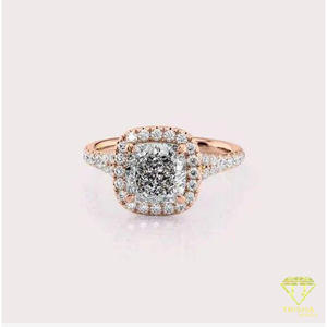 Bague de fiançailles en or jaune avec halo de moissanite taille coussin et pavé dissimulé, bague de promesse pour femme - Product Image 5