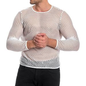 Translucent Long Sleeve Hollow Fishnet <b>Top</b> Breathable Polyester Spandex Knit Crewneck Hot Sale <b>Men</b> <b>Mesh</b> Shirts - Product Image 2