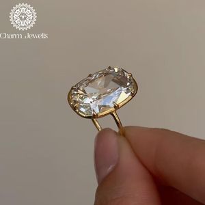 Charm_Jewells Women's <b>Gold</b> Plated Moissanite <b>Cocktail</b> <b>Ring</b> Emerald Cut Bezel Setting Classic Style - Product Image 2