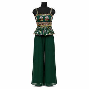 Women Green Floral Embroidered Peplum Top Wide Leg Palazzo Set Elegant Ethnic Party Wear Two Piece Outfit Festive Wedding - Product Image 1