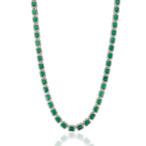 Collar de tenis con halo de esmeraldas zambianas y diamantes de alta calidad para bodas y fiestas, en oro blanco macizo de 14 quilates, joyería fina. - Product Image 1
