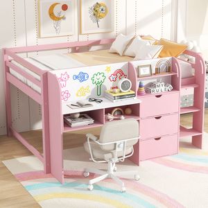 Letto a soppalco basso bianco e rosa a grandezza naturale con scrivania integrata, armadietti contenitori, libreria aperta e lavagna per graffiti - per camerette dei bambini (ETA 7/8) - Product Image 3