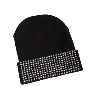 Unisex Black Beanie <b>Hat</b> With Rhinestone Decoration Casual Winter Knit <b>Cap</b> For Adults 56-58CM Head Circumference - Product Image 2