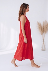 Vestido Largo de Lino Rojo para Mujer, Estilo Halter sin Mangas, Corte Holgado, Color Sólido, Estilo Boho, Casual de Verano, Transpirable - Product Image 3