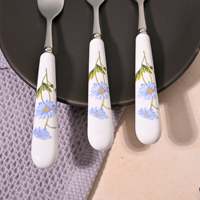 Ensemble de 4 petites fourchettes en métal classiques écologiques bleu ciel avec motif marguerites en céramique, en acier inoxydable, pour restaurant, fruits, desserts, occasions festives