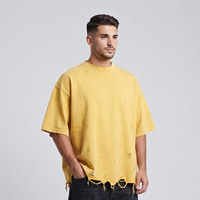 T-shirt vintage déchiré pour homme, coupe classique, manches courtes, en toile de coton épaisse, écologique, couleur unie, style streetwear