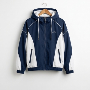 Unisex <b>Navy</b> White Color Tracksuit Hooded Zipper Full Sleeve Windproof Regular Fit Polyester Jogging Set - Product Image 6