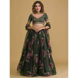 <b>Charming</b> Dark Green Floral Printed Organza Designer Lehenga Choli - Product Image 1