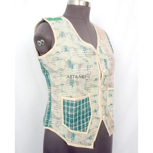 New Arrival Indian Handmade Knitted Cotton Patchwork Multicolor <b>Kantha</b> Vintage Short Breathable Eco-Friendly Button Women's Vest - Product Image 3