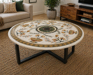 Natural <b>White</b> Marble Inlay Modern Eco-Friendly <b>Round</b> Coffee <b>Table</b> for Office Luxury Diwali and Farewell Decor - Product Image 3