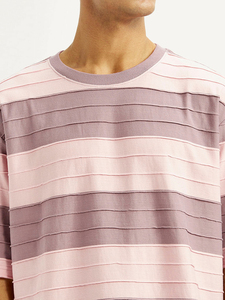 Camiseta de Algodón a Rayas para Hombre, Manga Corta, Cuello Redondo, Corte Regular Informal, Tejido de Punto Transpirable, Rosa Morado - Product Image 4