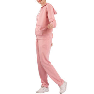 Customized Women <b>Pink</b> Hooded <b>Tracksuit</b> Full Length Solid Color Casual Two Piece Set With Side Pockets Breathable Cotton Material - Product Image 6