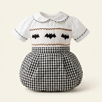 Romper Bayi Halloween Bordir Tangan Berkualitas Tinggi, Bordir Kelelawar Lucu, Katun Oranye, Jumpsuit Bayi Butik, Pakaian Grosir