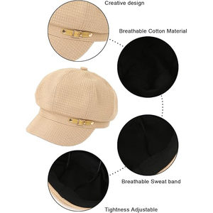 Casquette octogonale beige texturée gaufrée pour femme, style minimaliste, avec ceinture en cuir et boucle dorée, visière souple, 100% laine respirante - Product Image 2